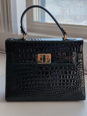 Croc-Embossed Structured Top-Handle Satchel in Black with Gold Hardware